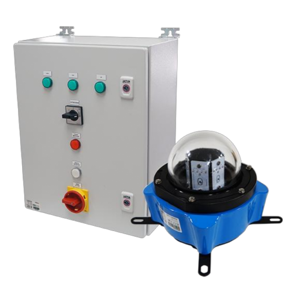 Controlador eléctrico con panel de mando y luz de señalización, ideal para sistemas industriales y de seguridad.